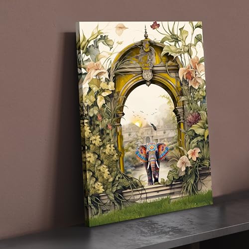 Image of PAINTINGMANTRA Stretched Canvas Painting Mughal Garden with Elephant Modern Wall for Home Decor, Living Room, Wall Decoration Paintings (Green, Size: 16x22 Inch)