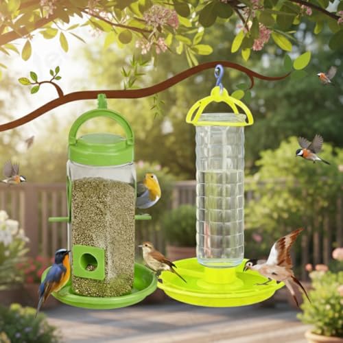 Image of FORREVER 2-in-1 Wild Bird Feeder & Waterer Combo - Hanging Green Feeder with Integrated Water Tray - Outdoor Bird Feeding Station for - Large Capacity & Easy to Clean (Combo)