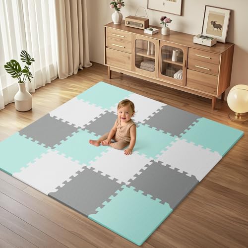 Image of 16Pcs Baby Play Mat for Floor, Foam Floor Tiles for Kids with Interlocking, Squares Foam Puzzle Carpet for Playroom, Crawling Rug for Babies 6-12 Months,Toddlers,11.8*11.8*0.6In Each,Grey White Blue