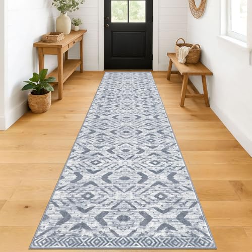 KILOCOCO Hallway Runner Rug 2.6'x12' Washable Printed Moroccan Runner Rugs Non Slip Entryway Rugs Soft Indoor Long Floor Rug for Bedroom Kitchen Living Room Geometric Boho Carpet Runners, Grey White
