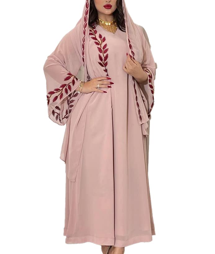 HaakyeaRamadan Fashion Chiffon Floral Embroidered Abaya Hijab Prayer Dress for Women Pink V Neck Long Sleeve Loose Arabic Muslim Dubai Moroccan Caftan