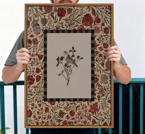 Image of KISSFOX Vintage Framed Wall Art Decor Rustic Flowers Birds Pictures Wall Decor Botanical Floral Canvas Art Prints Red Natural Farmhouse Paintings Artwork For Bedroom Kitchen Living Room