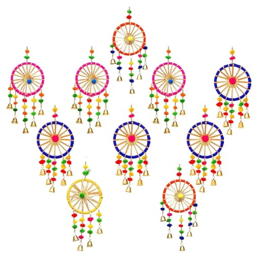 Image of Bindian Pom Pom Ring Bell Chakri Wall Hanging for Home Decor, Pack of 10 Door Hanging Decorative Items, Living Room Accent, Pooja Room Decoration Items, Ganpati, Navratri & Diwali Decor