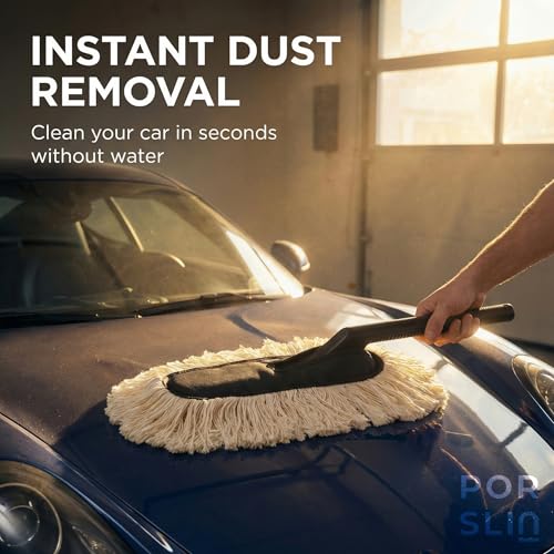 Image of Porslin Premium Car Duster Wax Treated Cotton Brush for Car Cleaning, Scratch-Free Dust Remover with Foldable Long Handle, Washable & Reusable, Multi-Purpose for Car, Bike & Home Use