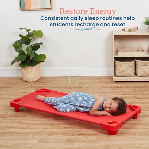 Image of ECR4Kids - ELR-16127-RD Childrena€s Naptime Cot, Stackable Daycare Sleeping Cot for Kids, Heavy-Duty, 52-Inches L x 23-Inches W, Ready-to-Assemble, Kids Bed, GREENGUARD [Red] Certified (Set of 6)
