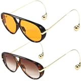 2025Designer Oversized Aviator Sunglasses for Women with Double Bridge and Earrings(Includes Pouch & Cloth)