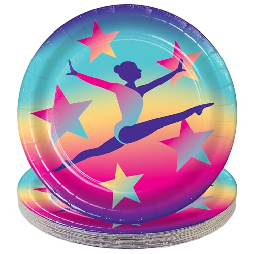 HOME & HOOPLA Gymnastics Party Supplies - Gymnast Round 9 Inch Paper Dinner Plates for 16 Guests