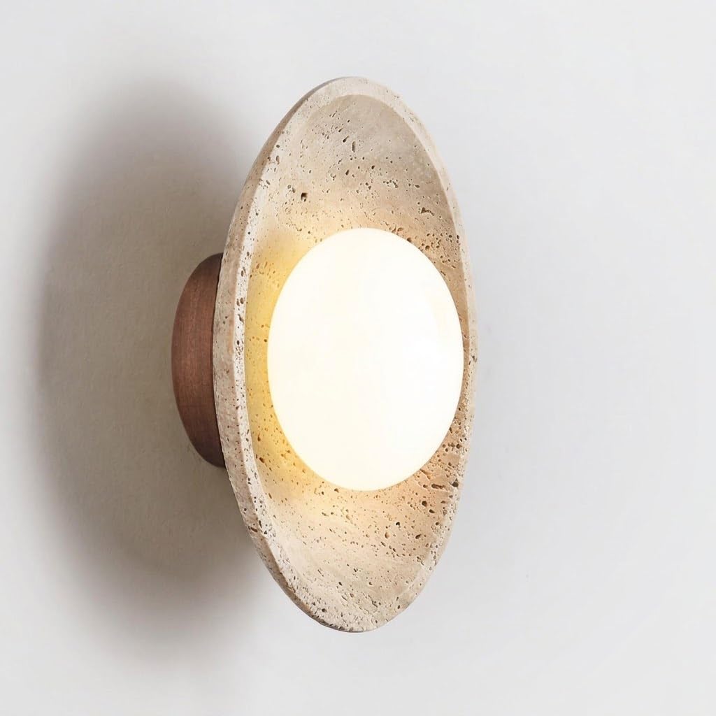 Cosrub Walnut Japanese Natural Stone Wall Lamp, Yellow Travertine Wall Sconce With Glass Globe Minimalist Cream Round Small Wall Lights For Bedside Living Room Entryway(Walnut)