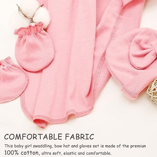 Image of AQOKKA Baby Swaddle Blankets with Bow Hat Mittens Set Infant Receiving Blankets Swaddles for Newborns Unisex Toddler Swaddle Wrap Sets for Baby Girls Boys Nursery Warm Shower Gift