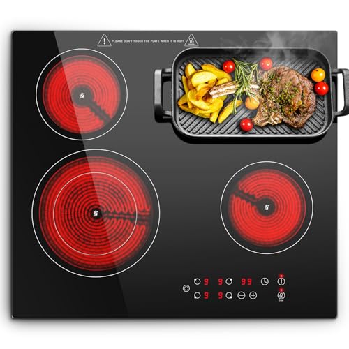 KICHPOWER Placa de Vitrocerámica 4 fuegos, 6600W, Doble anillo+ovalada, 9 Niveles de calor, Temporizador, Táctil, Calor residual, Compatible con todos los utensilios