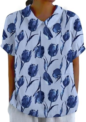 Boho Floral Print Shirts for Women Short Sleeve Dressy Unique Graphic T-Shirt Crew Neck Casual Loose Fit Blouses Summer Vacation Cruise Hawaii Beach Tops,Tulip Blue,4XL