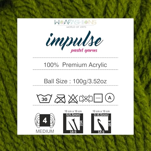 Image of WOAFashions Impulse Hand Knitting & Crochet Yarn, Premium Acrylic, 4 : Medium (Dark Olive) (3x100gms / 3.5oz / 200mtr / 218yds)
