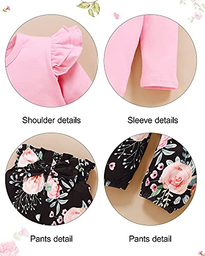 Image of YALLET 3Pcs Toddler Girl Clothes Solid Color Long Sleeves Ruffle Top+Floral Pants+Headband 1-6 Years Fall /Winter Outfits Set