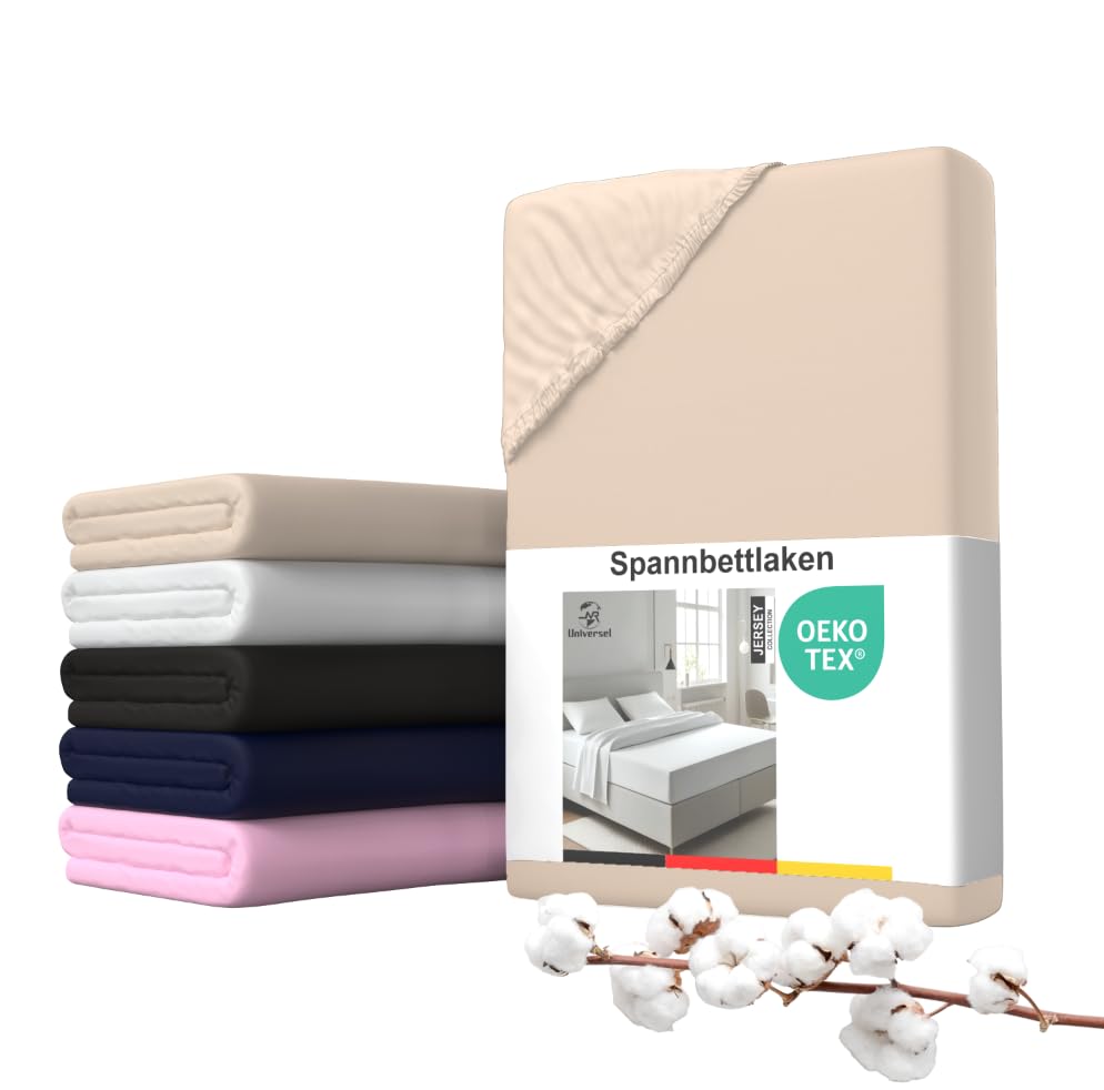 UNIVERSEL Sábana bajera ajustable de algodón y jersey – Comodidad premium para cualquier tamaño de colchón (90 x 200 cm, 140 x 200 cm, 180 x 200 cm) en color beige para colchón de 90 cm de ancho