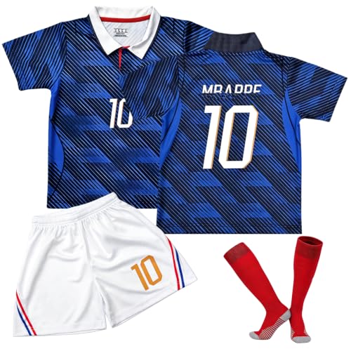 Oirigaga Fussball Trikot Kinder Set WM 2026 Heim Nr.10 Trikot für Jungen und Mädchen von 10-11 Jahren Atmungsaktives Schnelltrocknendes Fußball-Trainingstrikot mit Kurzarm Shorts Socken Blau Weiß
