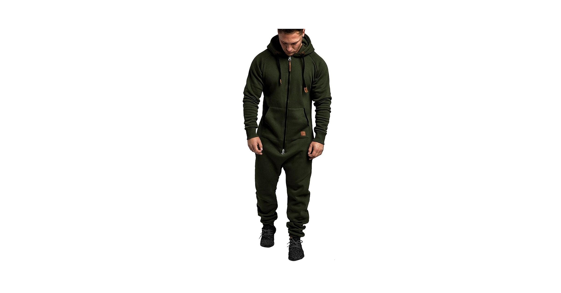 WUAI-Men Casual Zip Up Hooded Jumpsuit One Piece Pajamas