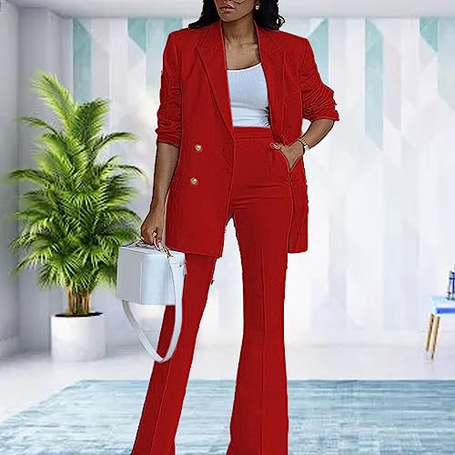 Blazer feminino de 2 peças com gola de lapela e calça de trabalho de pernas largas casual, cor lisa,