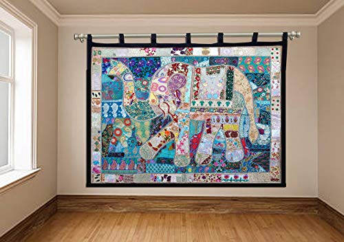 Triveni Art & Crafts Elephant Wall Hanging Vintage Patchwork Tapestry Bohemian Handmade Beaded Embroidered Ethnic Wall Decor 80 x 100 Inches