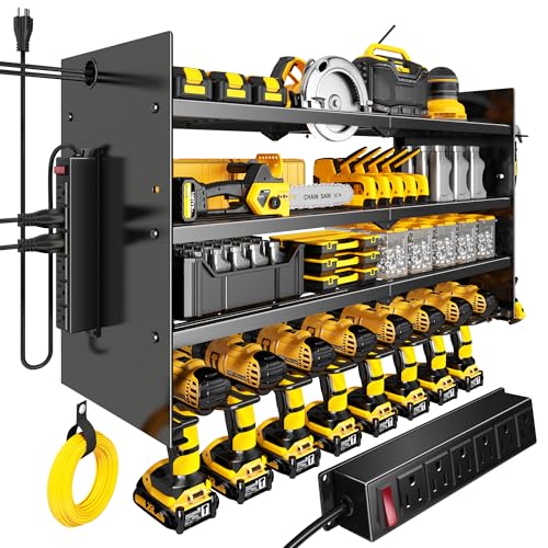 Image of Hipidian Adjustable Power Tool Organizer Wall Mount with Charging Station - 650lb Capacity 4 Layer Heavy Duty Storage Rack with 8 Drill Holders for Garage Workshop Tools, Gifts for Men