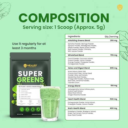 Image of Healeo Super Greens Powder 75g | Daily Greens with 40 Plant-Based Ingredients | Acne Control, Skin Health, Digestion, Detox & Immunity | Superfood Green Powder Supplement for Men & Women