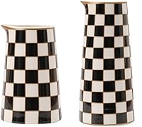 Porlien Checker Porcelain Flower Vases Set of 2 - 5.5" & 8" Black White Pattern Indoor Home Decor with Gold Trim