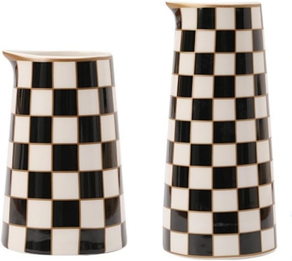 Porlien Checker Porcelain Flower Vase Home Decor Set of 2 with 5.5' High and 8' High Small Indoor Flower Bottles