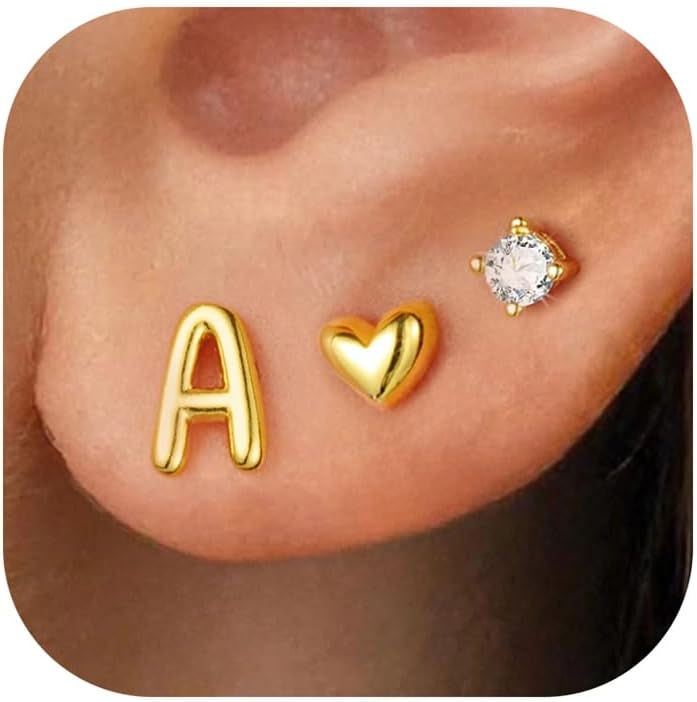 Turandoss 3 Pairs Initial Stud S925 Sterling Silver Post Earrings for Girls Girls, 14K-Gold-Plated Letter A-Z Heart Initial Stud Earrings Jewelry Gifts for Teen Girls Trendy