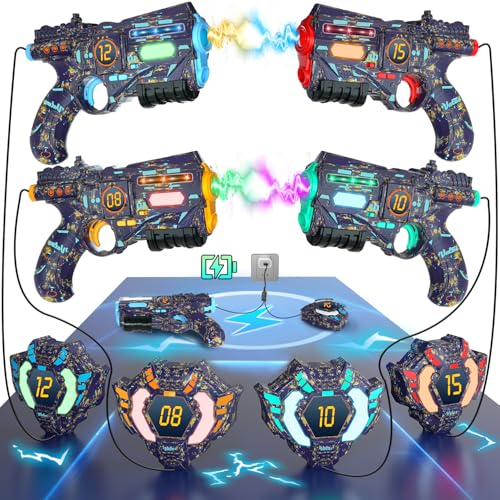 VATOS Wiederaufladbar Daten Echtzeit SYNC Laser Tag Pistole - Infrarot Lasertag mit 4 Pistolen 4 Westen mit leuchtendem Licht,Lazer Tag Spiel für Erwachsene,Laserpistolen Set von 4 für Jungen Mädchen