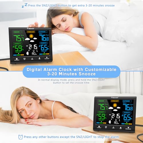 Geevon Weather Stations Wireless Indoor Outdoor Thermometer, HD Color Display Digital Temperature Humidity Monitor with Clock, Comfort Indicator, Adjustable Backlight, Time and Calendar