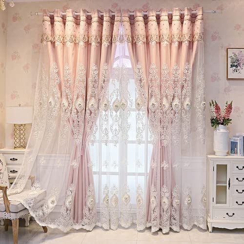 Nouveaux Rideaux pour Salon Chambre À Manger Personnalisé Double Couche Rideau Rose Tissu Fil Relief Broderie Fenêtre-Prose, W200cmxH250cm 1PC,Grommet Top (Ring)