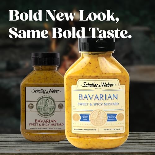 Image of Schaller & Weber Bavarian German Mustard, 9.5 Oz Squeeze Bottle (1pk) | Sweet & Spicy Mustard | Deli Condiment for Sausages, Pretzels & Sandwiches | All Natural, No Preservatives