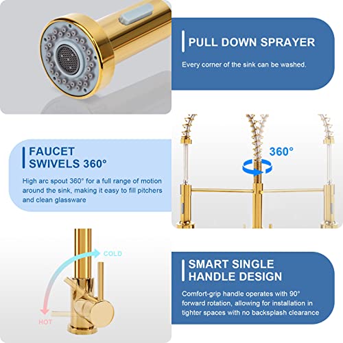 M Oudemei Commercial Pull Down Kitchen Sink Faucet With Dual Function Sprayer, Single Handle Spring Faucets With Deck Plate, High Arc Kitchen Faucet For 1 Or 3 Hole Easy Installation (Polished Gold) #TOP2