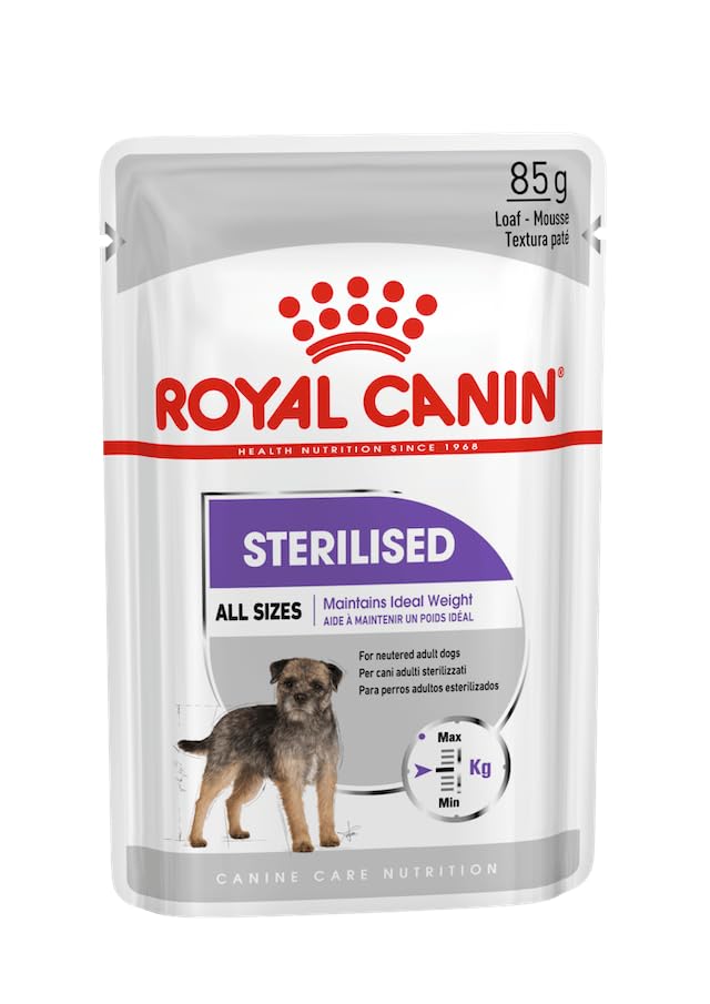 Royal Canin STERILISED Mousse | Paquete de 4 | 4 x 12 x 85 g | Alimento Completo para Perros Adultos y esterilizados a Partir de los 10 Meses de Edad | Rico en proteínas digestibles