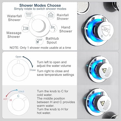 Image of ELLO&ALLO LED Stainless Steel Bathroom Shower Panel Tower System, Rainfall Waterfall Shower Head Rain Massage System with Body Jets, Brushed Nickel