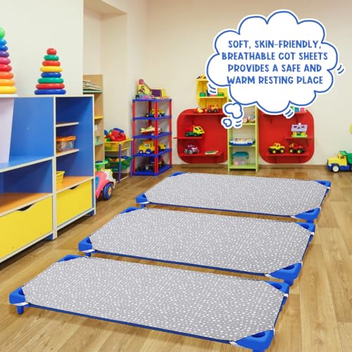 Image of Peryiter 12 Pcs Cot Sheets for Daycare Standard Size 24 inch x 51 inch Toddler Nap Mat Sheets Star Pattern with Corner Elastic Loops Breathable Bed Fitted Cot Crib for Preschool Child Kid Boy Girl (Gray)