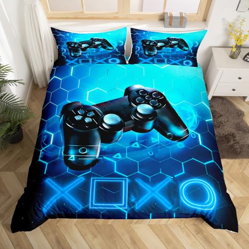 Homemissing Juego de funda nórdica para niños Gamer azul, juego de vídeo, juego de cama, 140x200 cm, consola de juegos Honeycomb, juego de funda nórdica, geométrica, con 1 funda de almohada