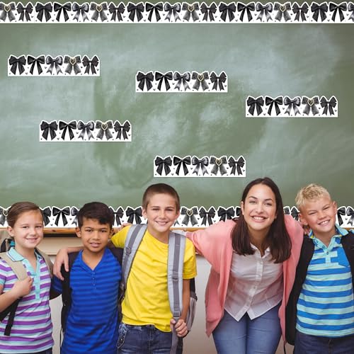 Image of BeYumi Black Bows Border Trim - 65ft Back to School Watercolor Black Bow Coquette Rolled Border Trim Watercolor Bulletin Board Classroom Office Chalkboard Kindergarten Elementary Home Party Decor