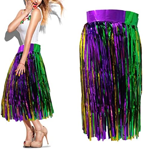 2PACK Mardi Gras Skirts Foil Fringe Skirts 29.5 in Sequins Long Skirt Grass Skirts for Mardi Gras Party Costumes Accessories