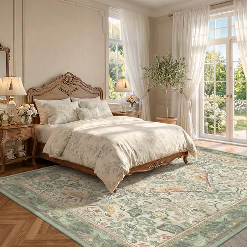 Image of Hazo Haus Washable Floral Bird Rugs for Living Room - Sage Green 8x10 Area Rugs for Bedroom Under Bed, Dining Room Kitchen Table Rug for Under Table, Nature Botanical Decor, Stain Resistant Non-Slip