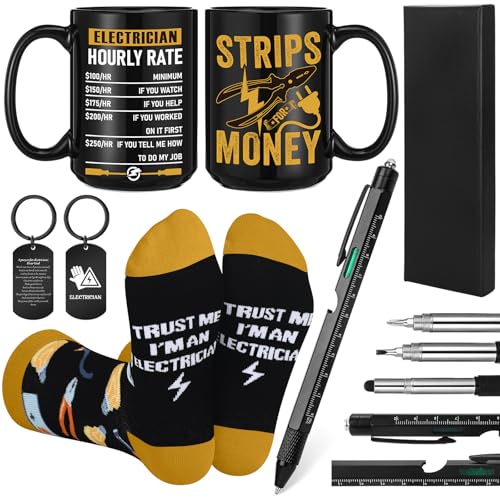 Panitay 4 Pcs Electrician Gifts Set for Men 9 in 1 Multi Tool Pen 14 oz Electrical Engineers Coffee Mug Keychain Sock Gadget Christmas Birthday Gift for Electromechanical Technician Father Dad Husband