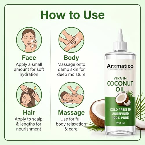 Image of AROMATICO 100% Pure Virgin Coconut Oil Cold Pressed for Healthy Hair & Skin, Natural solution for Moisturised Skin, Hair Care & Body - 200ml