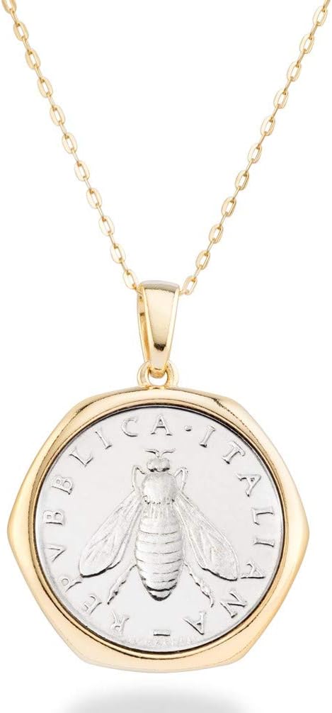 Italian 18K Gold over 925 Sterling Silver Genuine 2-Lira Bee Coin Medallion Pendant Necklace for Women 18 Inch Chain, Made in Italy
