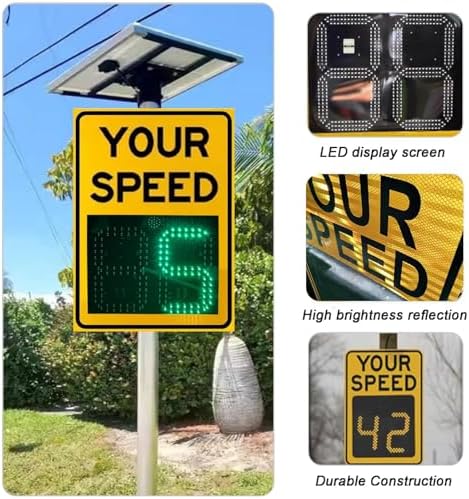 Solar Powered Speed Display Radar Sign with Remote Control - Weatherproof Traffic Sign for Speed Feedback - Aluminum Construction, 50x70cm (20x27in) - Enhance Road Safety