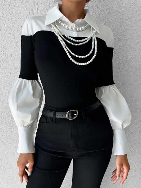 UOOZEE Women's Chic Black White Contrast Long Sleeve Shirt Retro Elegant Office Casual Work Top Semi Formal Ribbed Knit Shirt - Image 2