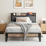IRONCK Small Double Bed Frame with Storage Shelf Upholstered Headboard, Platform Bed Frame with Charging Station, Metal Bed Frame/UnderBed Storage, Enhanced Support Noise Free, Vintage Brown+Grey