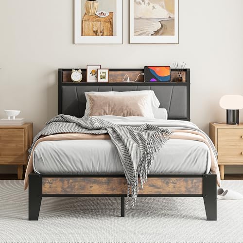 IRONCK Small Double Bed Frame with Storage Shelf Upholstered Headboard, Platform Bed Frame with Charging Station, Metal Bed Frame/UnderBed Storage, Enhanced Support Noise Free, Vintage Brown+Grey