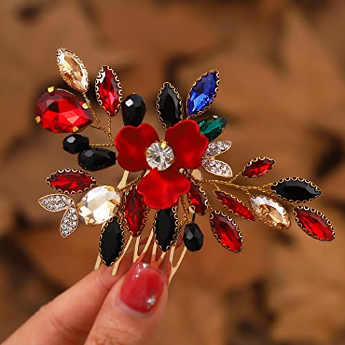 Ushiny Barock Hochzeit Haarkamm Gold Haarschmuck Bunt Strass Braut Kopfschmuck Abschlussball Blume Seitenkamm für Frauen und Mädchen