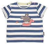 Der Sommer kann kommen: Das ansprechende T-Shirt im blau-weißen Colorblock-Style überzeugt durch seine aufwändige Applikation; dier kleine Maus im Einhornschwimmreifen genießt ein Bad im Pool; besonders sind die farblich abgesetzten Nähte am Bauch und an den Ärmeln