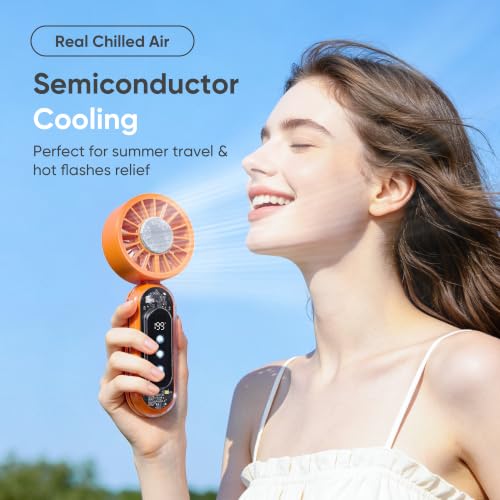 Portable Handheld Fan, Personal Mini Fan Ice Cooling, Hand Held Fan 1-199 Speeds, Rechargeable Turbo Fan Up to 19H, Makeup Fan with Flashlight & Phone Holder, Ideal for Outdoor & Travel (Orange) — view 2