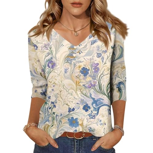 SERYU 3/4 Sleeve Shirts for Women V Neck Casual Fall Fashion Blouses Basic Tunic Tops Dressy Work Clothes